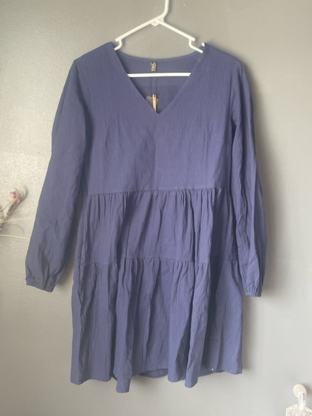 Navy Linen Babydoll Mini Dress Long Sleeve Tiered Boho Casual Size S NWT